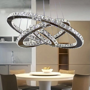 Crystal Modern Led Ceiling Fixtures Dining Room Pendant Lights Contemporary 3 Rings Adjustable Stainless Steel Chandelier