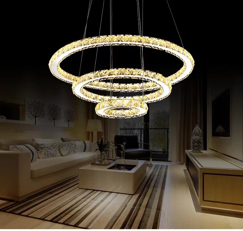 Crystal Modern Led Ceiling Fixtures Dining Room Pendant Lights Contemporary 3 Rings Adjustable Stainless Steel Chandelier