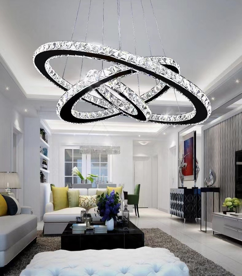 Crystal Modern Led Ceiling Fixtures Dining Room Pendant Lights Contemporary 3 Rings Adjustable Stainless Steel Chandelier