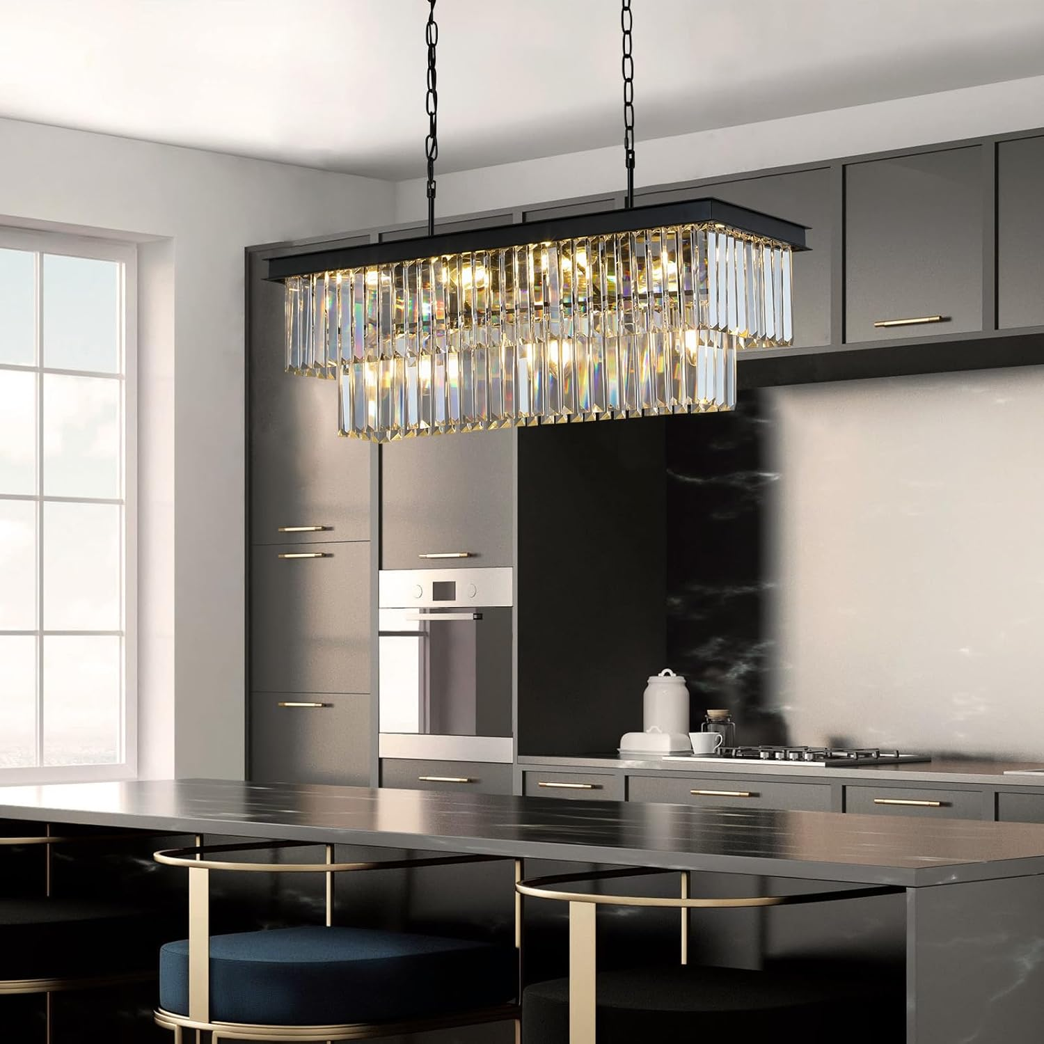 Rectangle Modern  Luxury Crystal black Chandeliers Lighting Pendant ceiling chandelier for living room and dining room