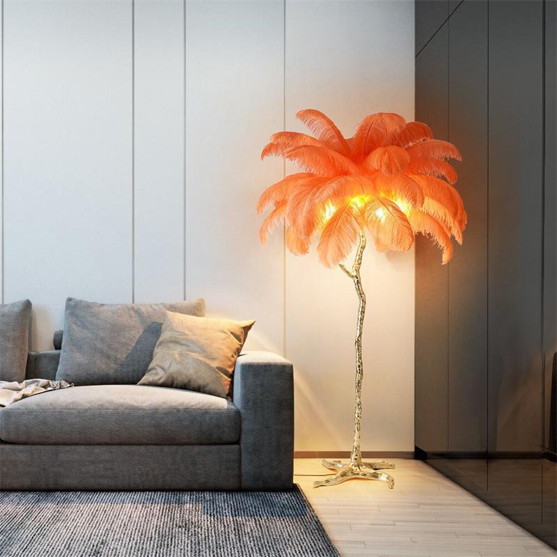 Nordic Modern Curved Luxury Ostrich Tree Stand Led Goose Feather Floor Lamp Lighting Resin Night Lamp For Bedroom Wedding Decor