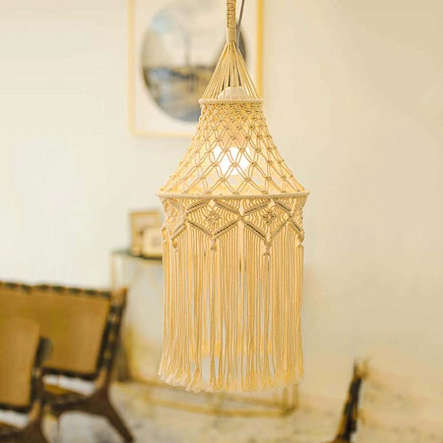 Artistic Modern Small Fresh Pastoral Creative Cotton Thread Rope Hand Woven Boho Lamp Chandelier