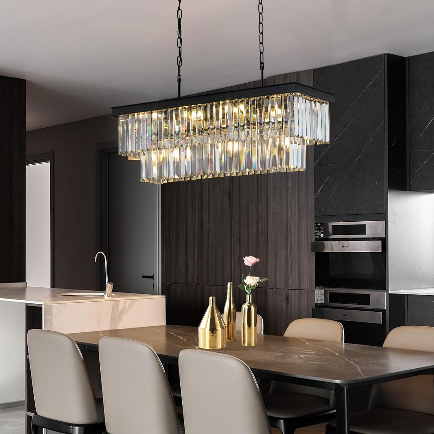 Rectangle Modern  Luxury Crystal black Chandeliers Lighting Pendant ceiling chandelier for living room and dining room