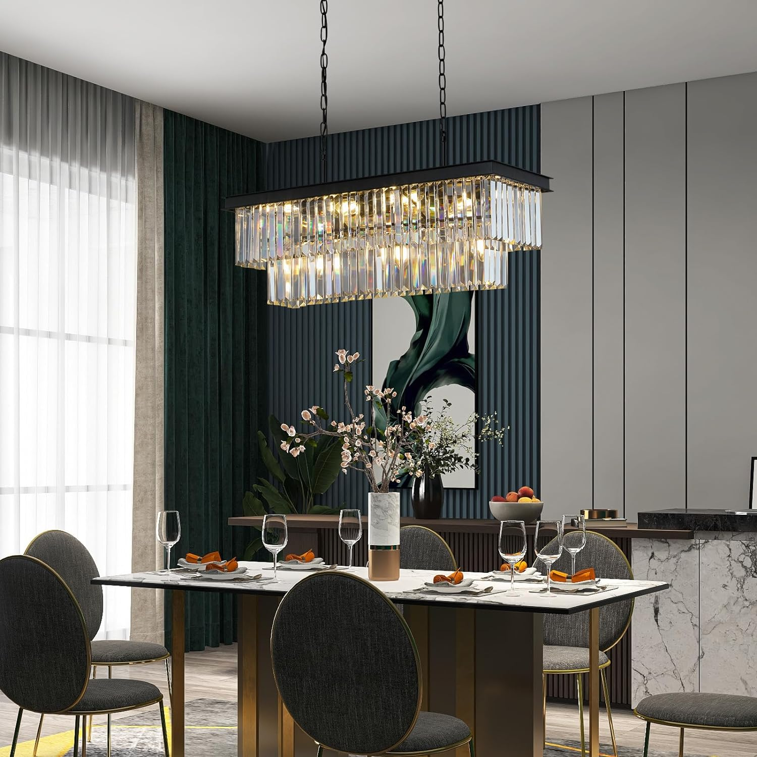 Rectangle Modern  Luxury Crystal black Chandeliers Lighting Pendant ceiling chandelier for living room and dining room