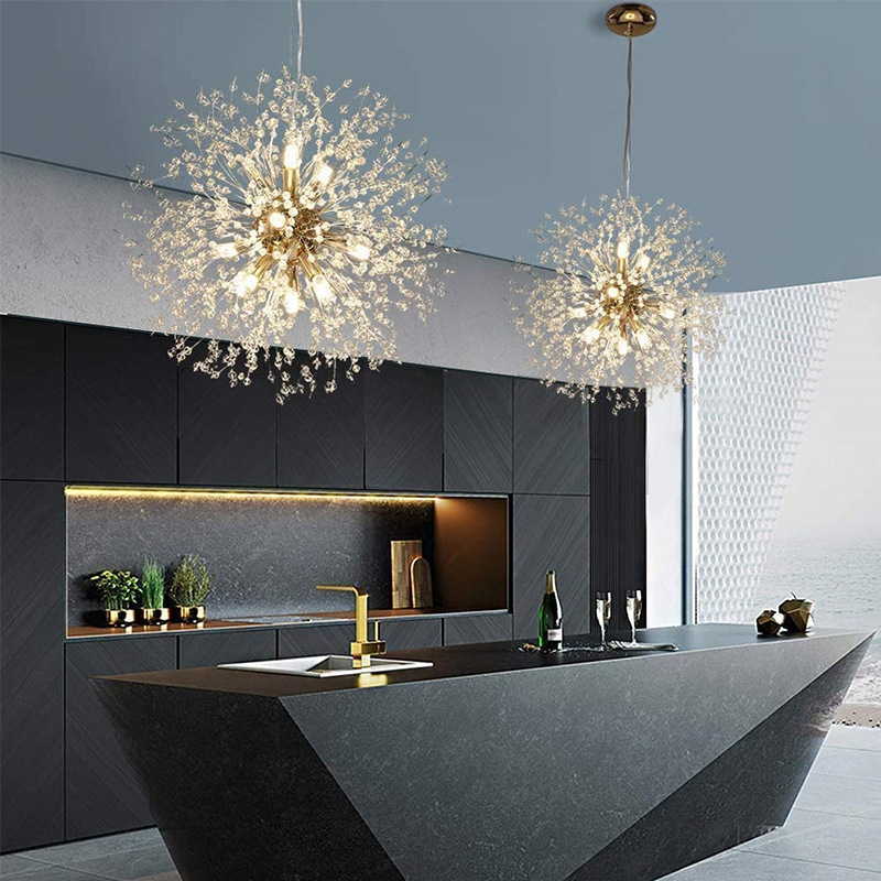 Home decor 110v/220v G9 gold pendant light restaurant round hanging lamp hotel modern dandelion crystal chandelier