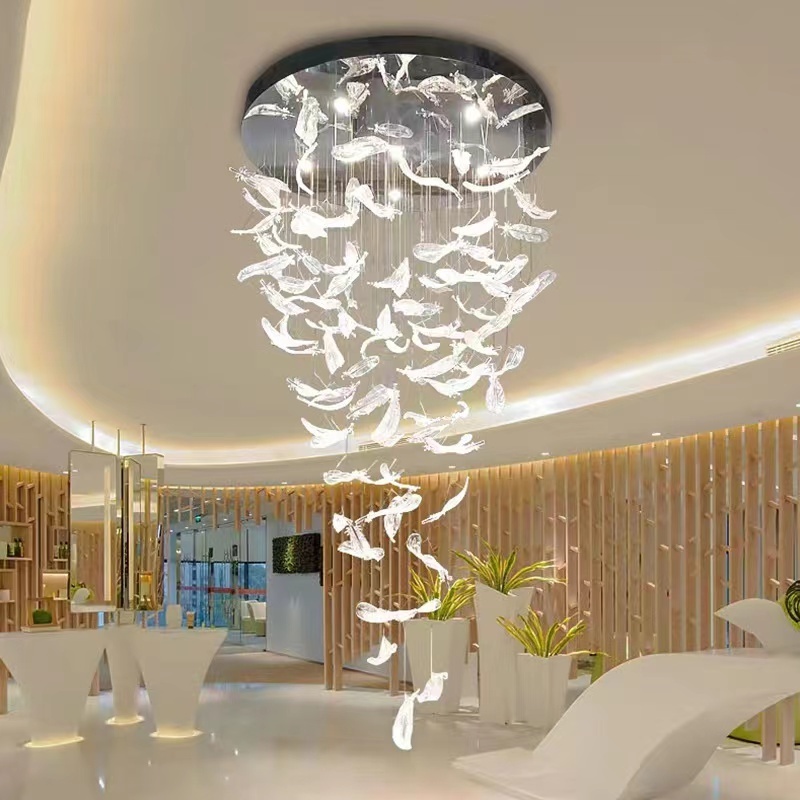 Hotel Custom Modern Glass Pendant Feather Chandelier,Factory Art Hotel Lobby Crystal Pendant Lamp,Crystal Led Stairs Lights