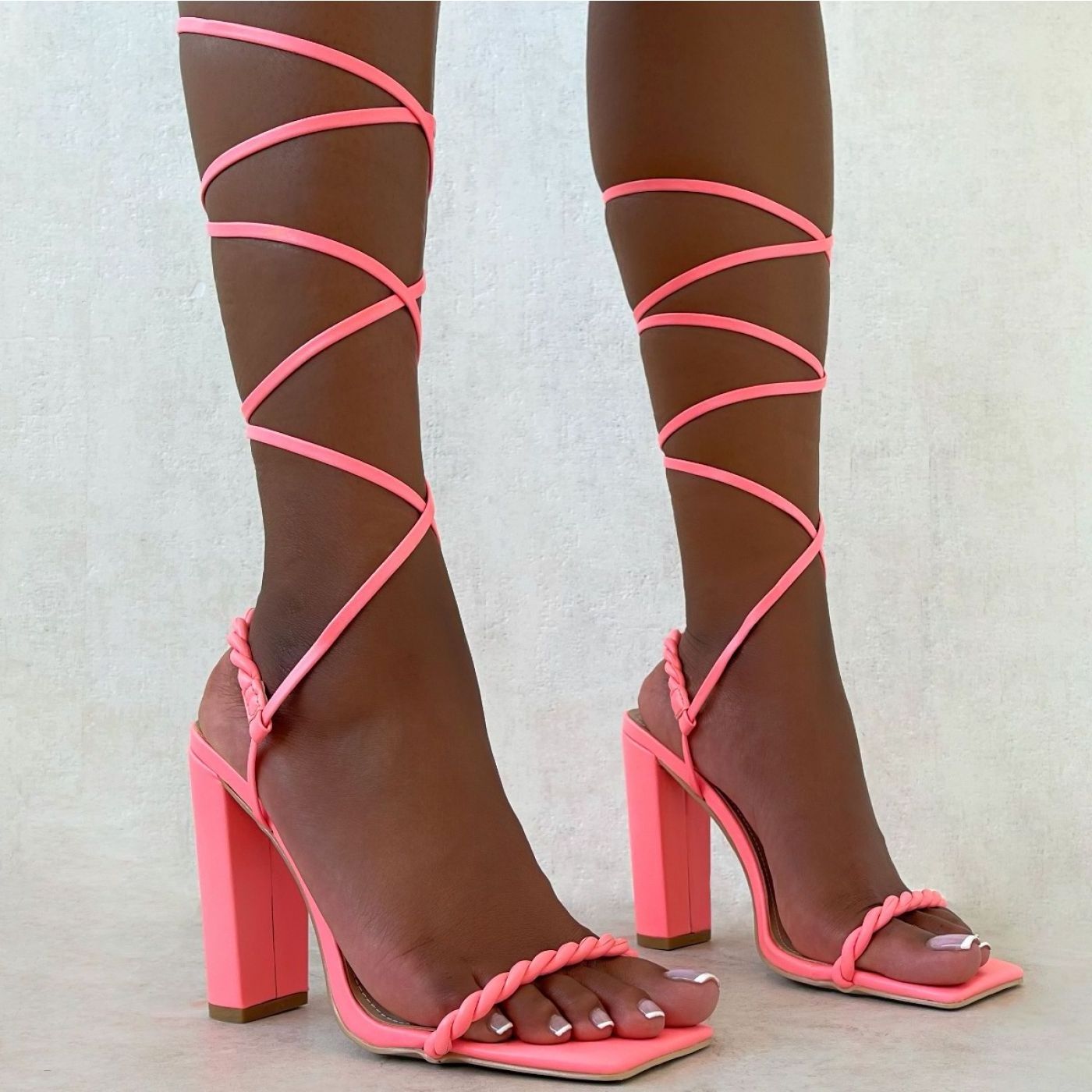 NSH065 Pink Twist Strap Lace Up Block Heels Women High Heel Sandals