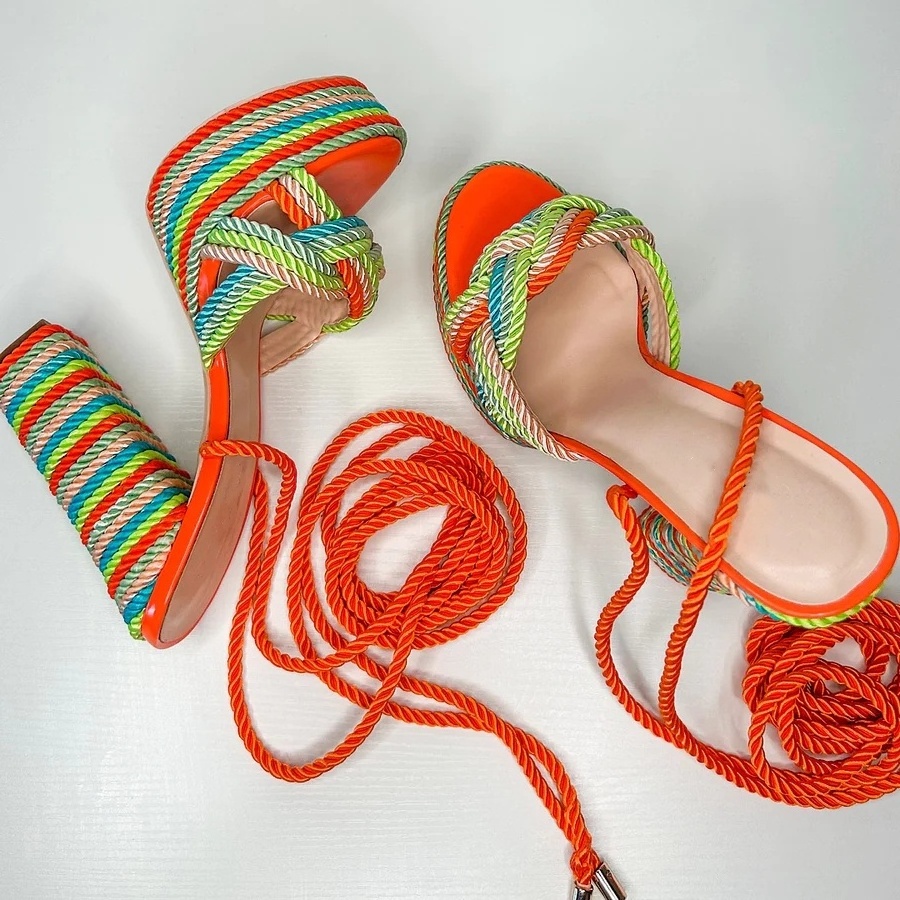 NSH150 Ladies rainbow colorful straps heel sandals orange straps chunky high heels for women