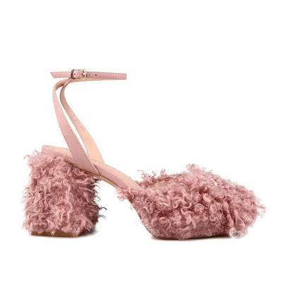 NSH129 women fashion pink teddy fur sandals pumps block heel platform heels