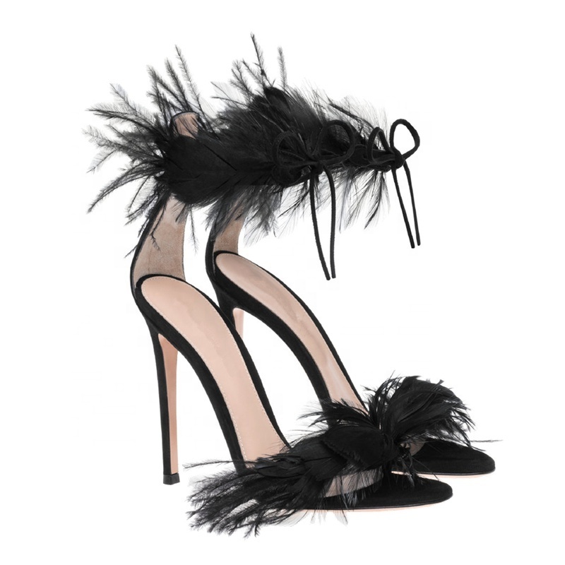 NSH027 Women Ankle Strap Fur Dress Shoe Feather Band Stiletto Heel Sandals For Ladies