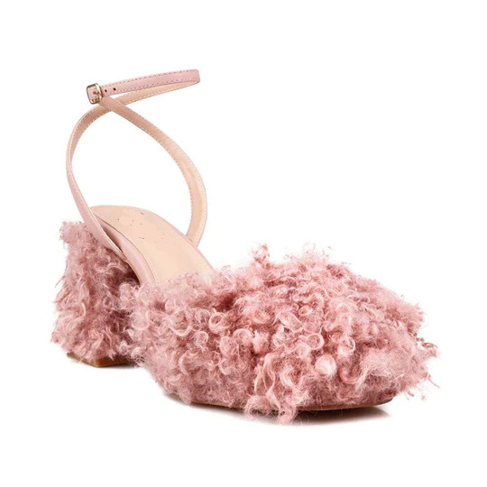 NSH129 women fashion pink teddy fur sandals pumps block heel platform heels