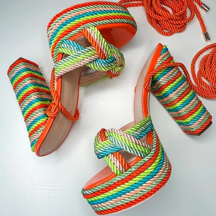 NSH150 Ladies rainbow colorful straps heel sandals orange straps chunky high heels for women