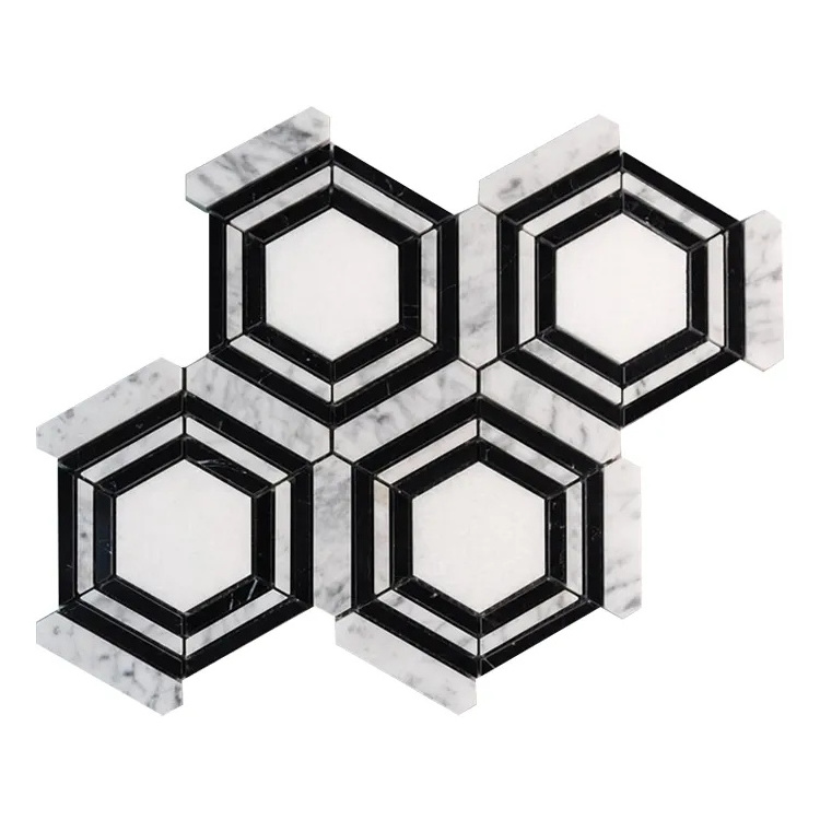 Newsta Bathroom Kitchen Polished Classic Patchwork Hexagon Mosaic Tiles Walls and Floors Marble Tiles Trim