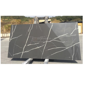 Wholesale black calacatta quartz gray color slab countertop indoor decoration island top white veins grey quartz stone