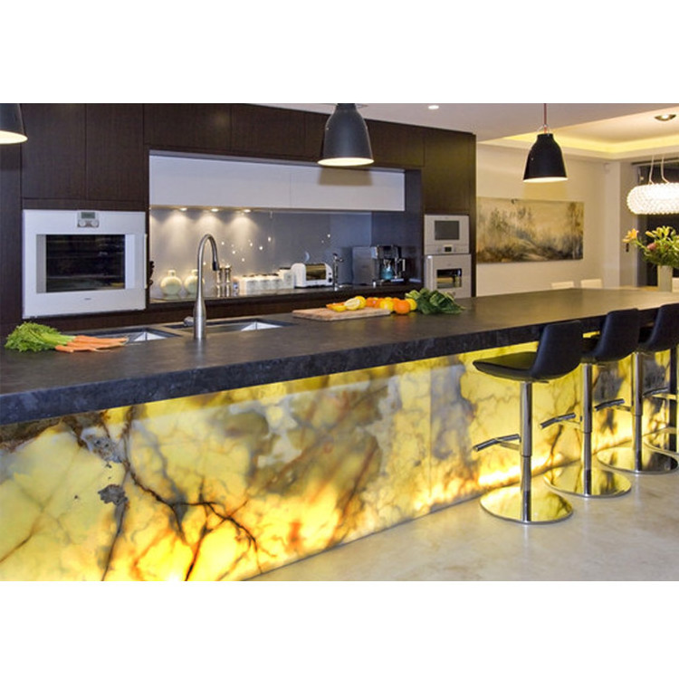 Transparent onyx laminated glass reception counter top lobby big wall slab precious stone onyx backlit panel