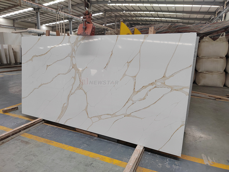 Factory manufacture horizon calacatta gold marble artificial living room wall background big slab quartz stone countertop