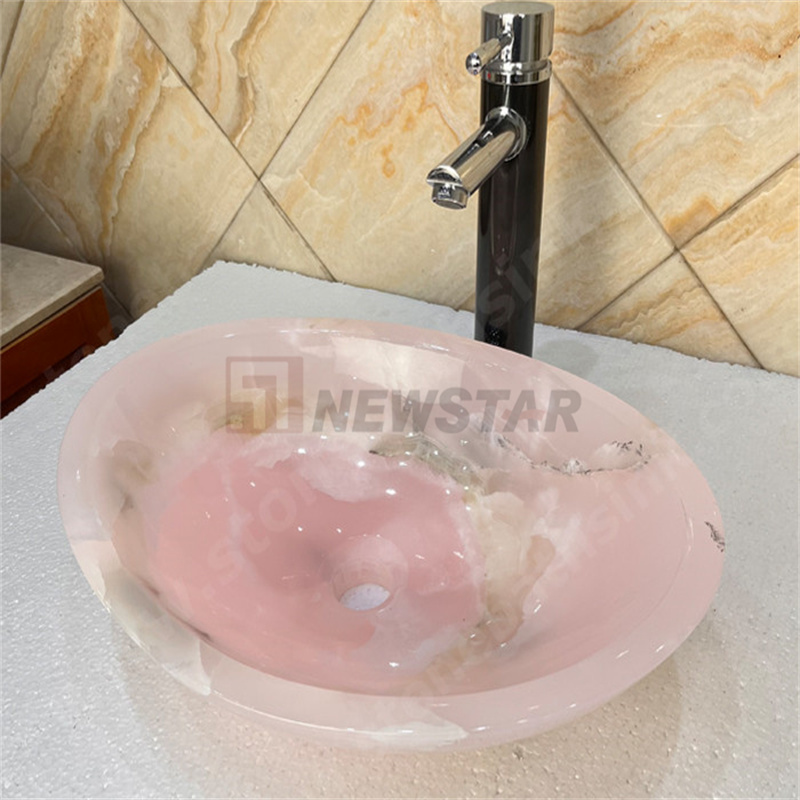 Newstar Above Counter Sink Hotel Apartment Decoration Pink Onyx Natural Stone Marble Sink Bathroom Vanity With Sink