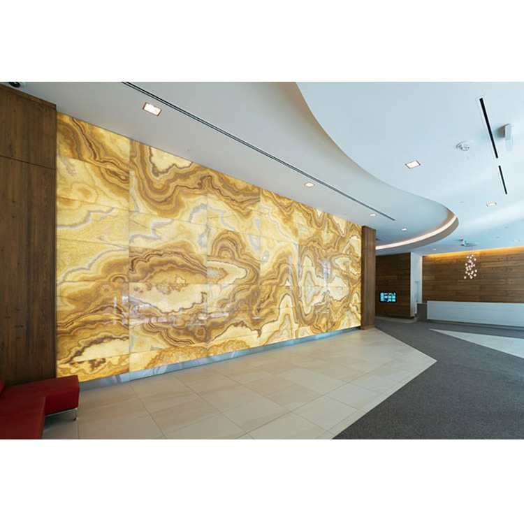 Transparent onyx laminated glass reception counter top lobby big wall slab precious stone onyx backlit panel