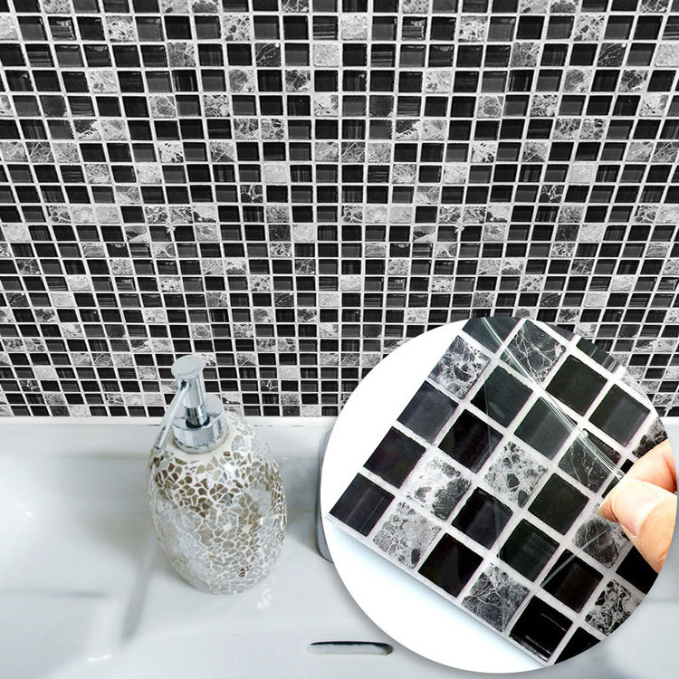 DIY Crafts Self-adhesive Mosaic Tile  Black Mable Glass Mosaic Tiles Bathroom Decoration PVC Stickon Tile