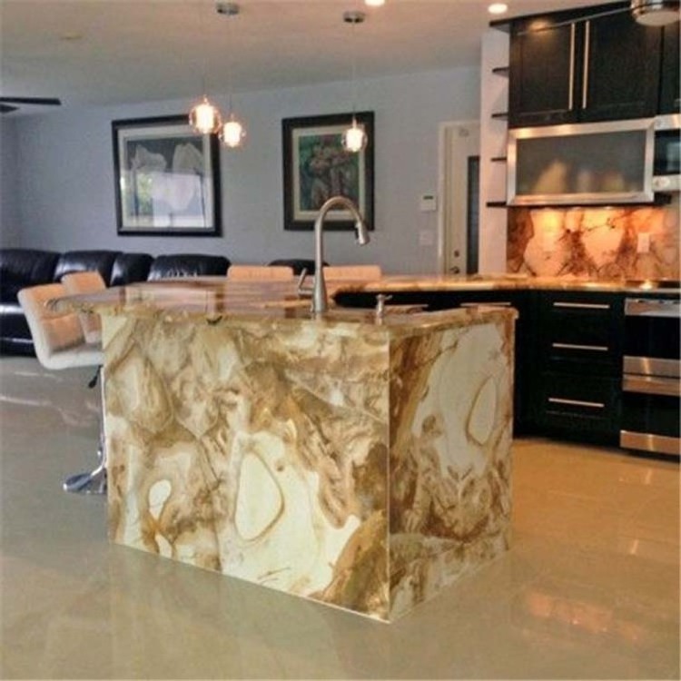 New design hotel kitchen project luxury home decor natural stone  slabs yellow palomino countertop allure quartzite slabs