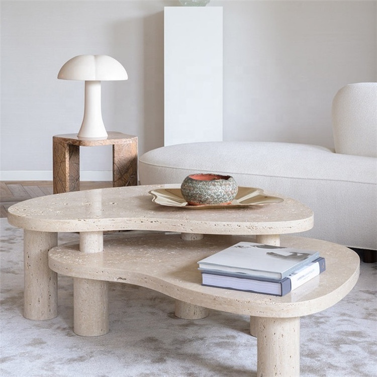 Modern nordic furniture narrow square movable nest side table travertine stone luxury living room white marble coffee table