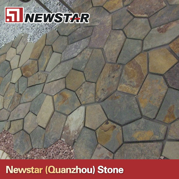 Outdoor rusty random slate flagstone pattern with mesh backing wholesale slate paver stone black color