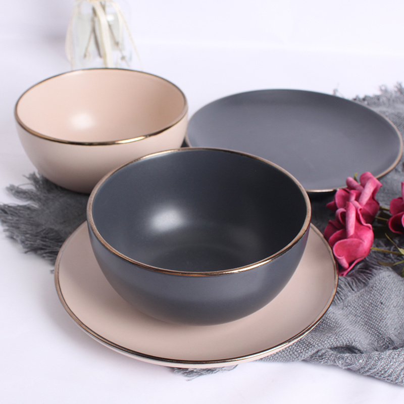 16 Pcs Dinner Set Pakistan Red Black Solid Two Stone Color Glazed Stoneware Ceramic Crockery Dinnerware