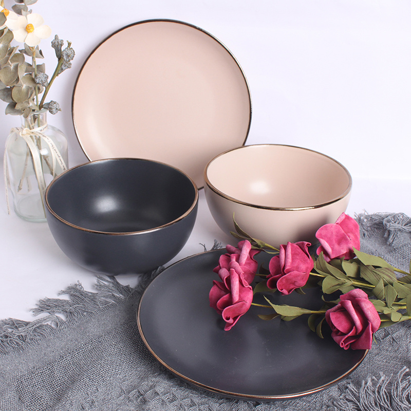 16 Pcs Dinner Set Pakistan Red Black Solid Two Stone Color Glazed Stoneware Ceramic Crockery Dinnerware