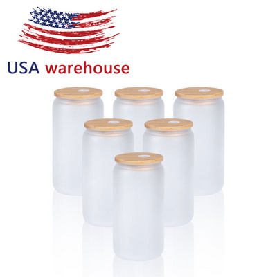 China USA Warehouse 16oz Clear Frosted Sublimation Blanks Glass Mason Jar Beer Can Glass Cup With Bamboo Lid