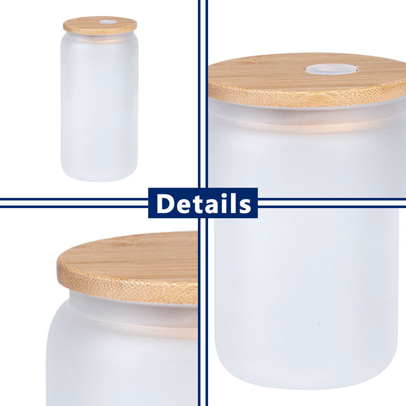 China USA Warehouse 16oz Clear Frosted Sublimation Blanks Glass Mason Jar Beer Can Glass Cup With Bamboo Lid