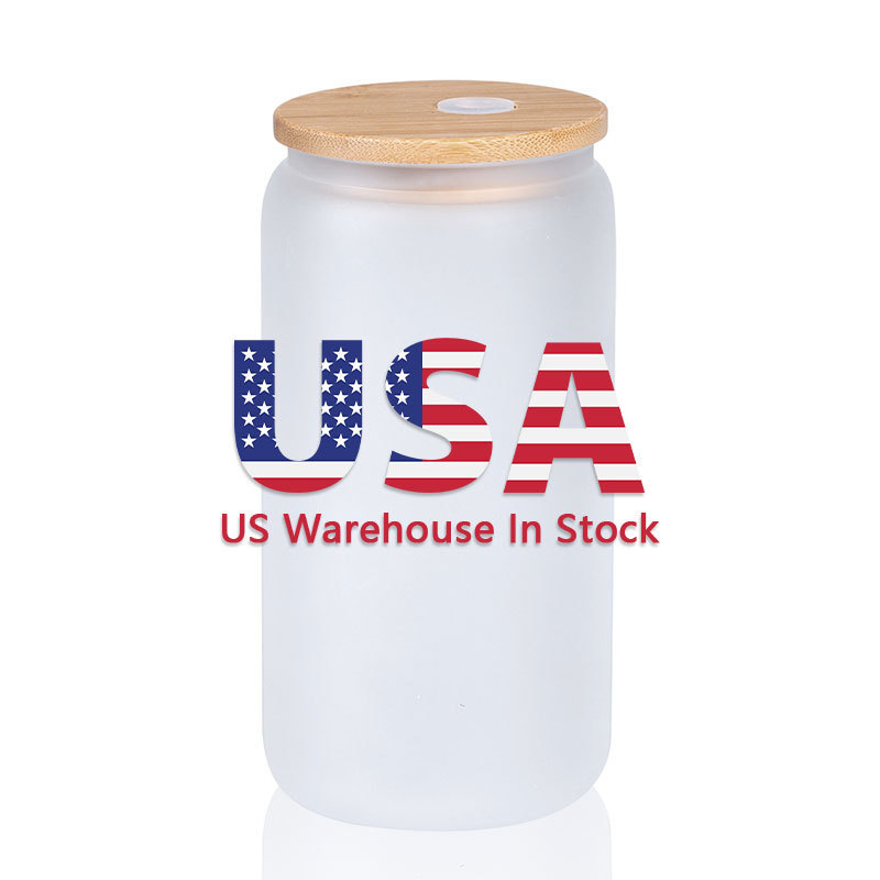 China USA Warehouse 16oz Clear Frosted Sublimation Blanks Glass Mason Jar Beer Can Glass Cup With Bamboo Lid