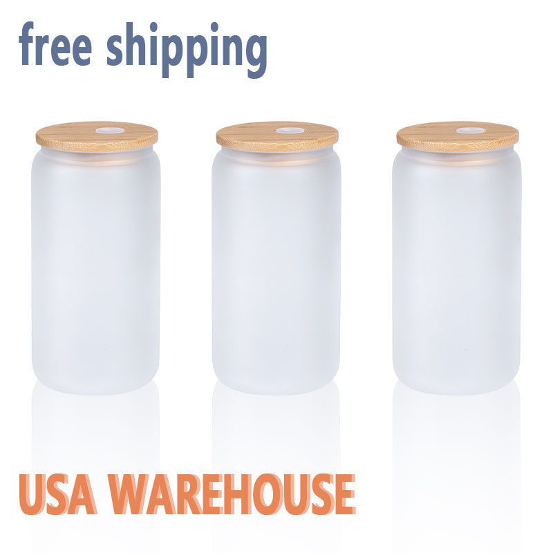 China USA Warehouse 16oz Clear Frosted Sublimation Blanks Glass Mason Jar Beer Can Glass Cup With Bamboo Lid