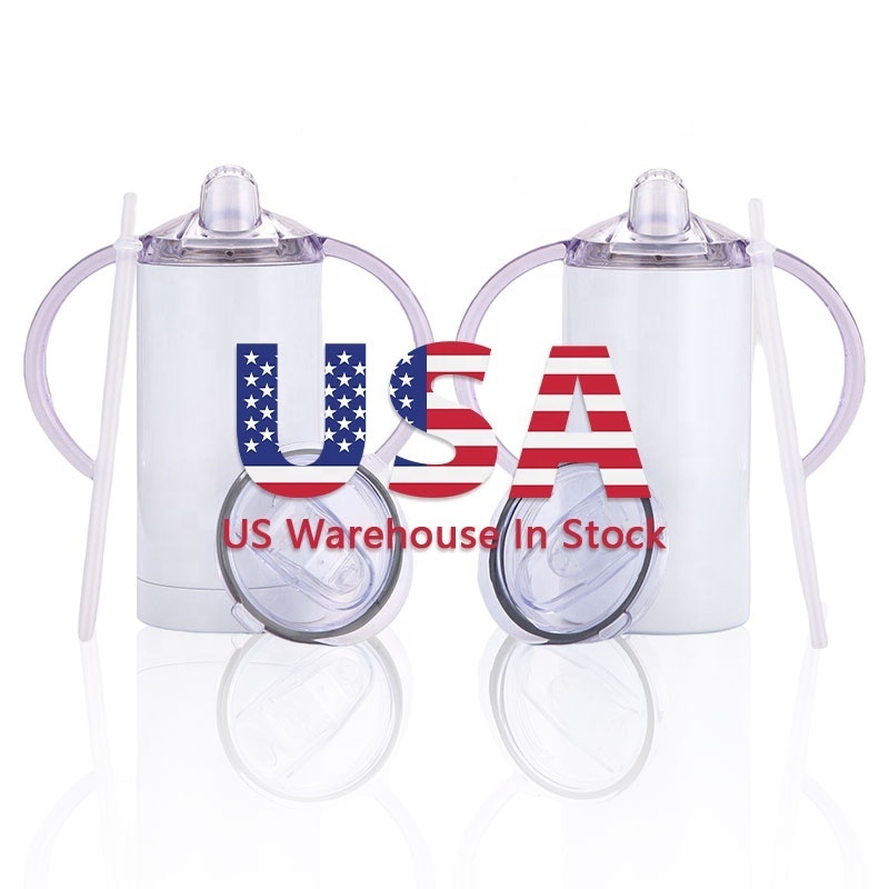 US Warehouse 12 oz Sublimation Sippy Cup Baby Skinny Straight White Blanks Sublimation Tumbler Kids Sippy Cup with Two Lids