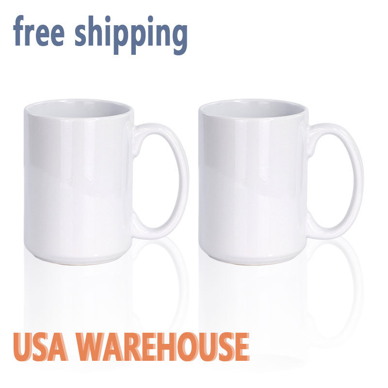 USA Warehouse free shipping white custom 15oz porcelain sublimation mug ceramic coffee tea mug with handle