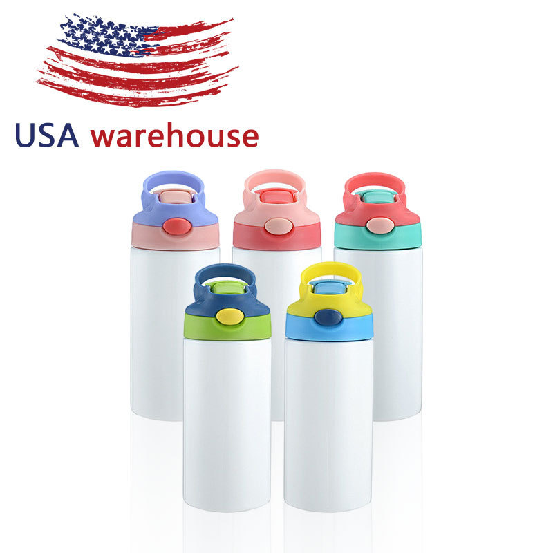 350ML Stainless Steel Insulated Vacuum Straight White Sublimation Kids Flip Top 12oz Sublimation Water Bottle with Straw Lid