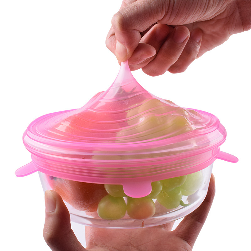 6 Pack Food Grade Reusable Food Saving Container Lid Sets Stretchy Bowl Covers Flexible Silicone Stretch Lids Printing Opp Bag