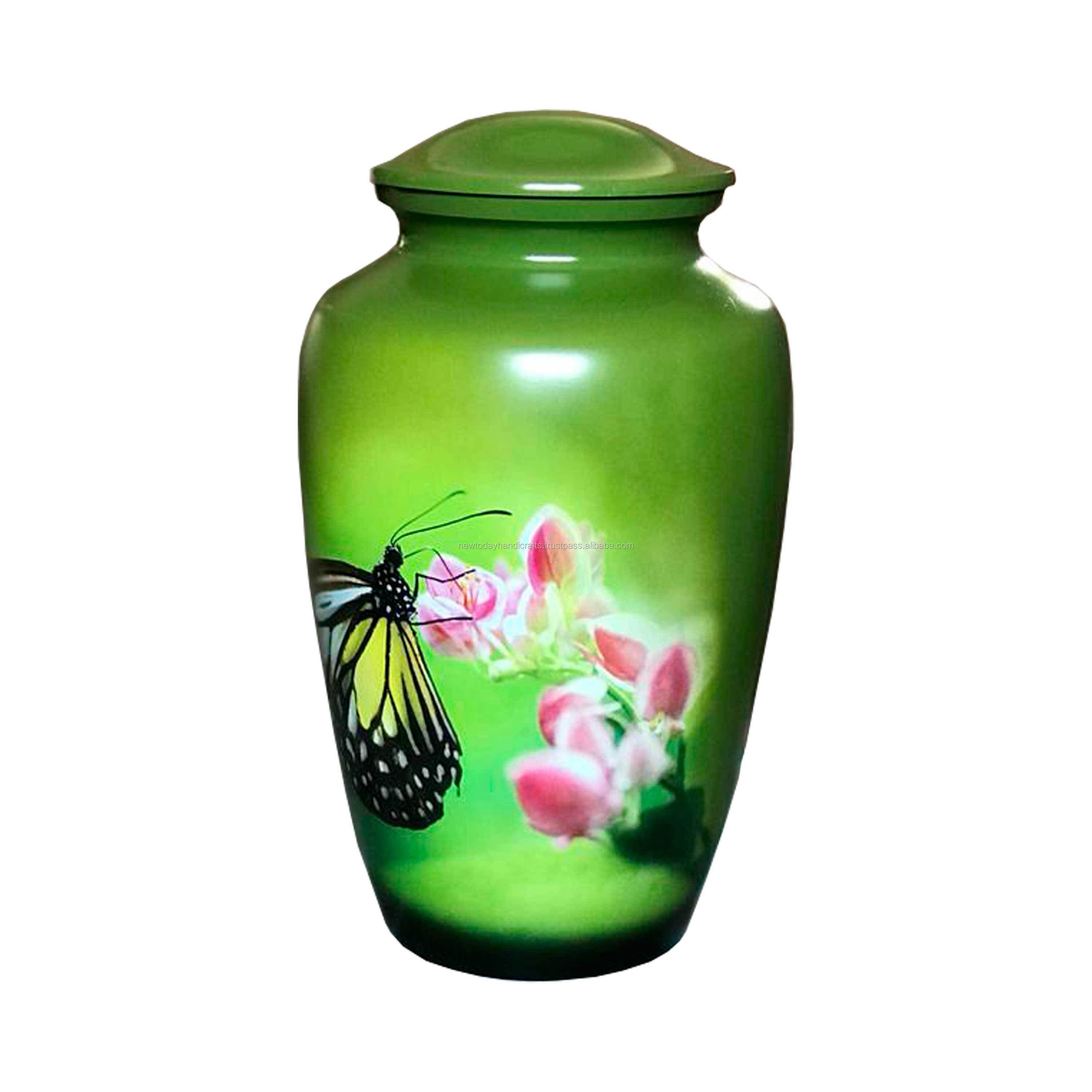 GREEN BUTTERFLY PRINTED URN OEM customized high quality metal spinning stainless steel brass Cremation Urn U002 Nice Quality Fun