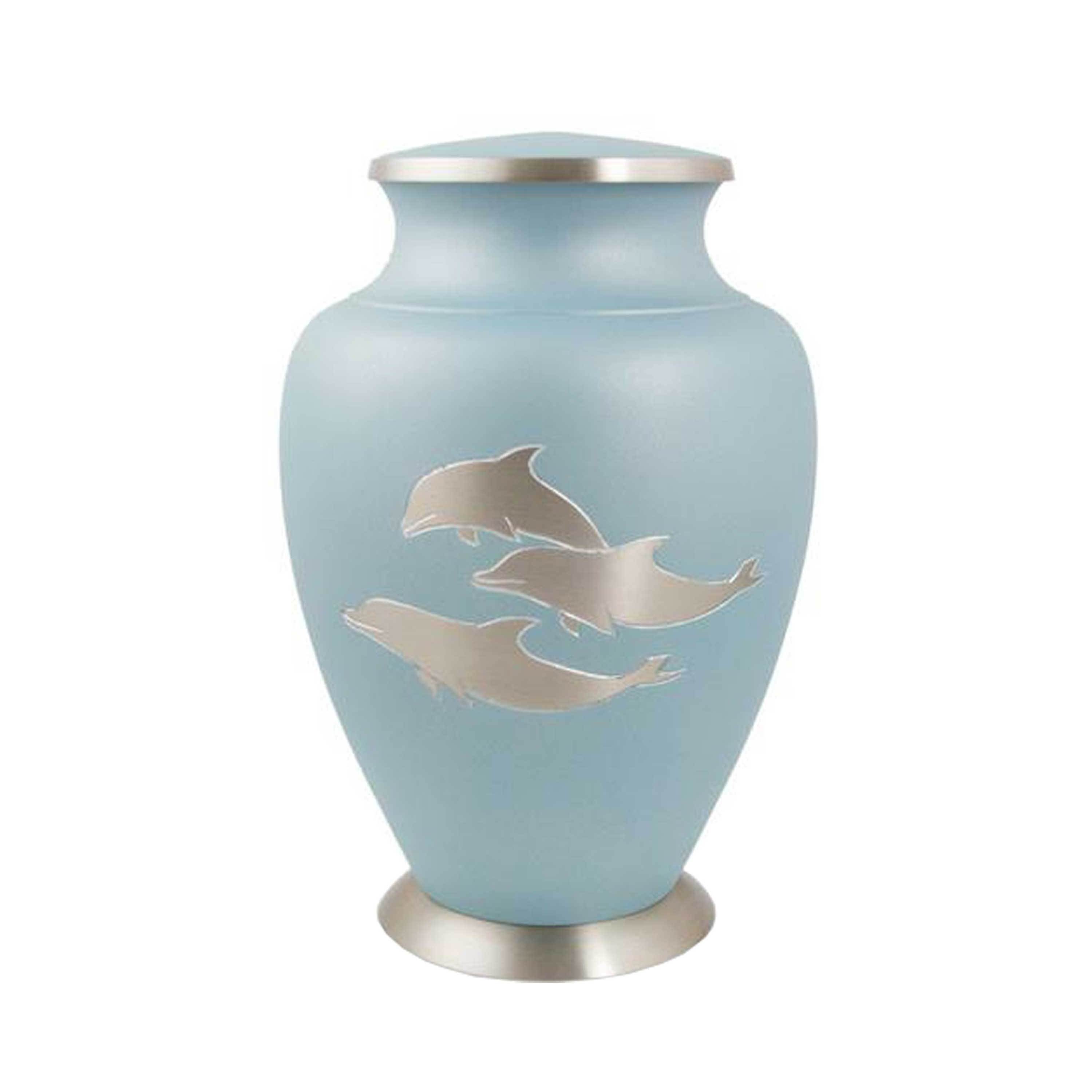 Top Grade Modern Luxury Style Sky Blue Dolphin Engraved Aria Cremation Urn Top Quality Funeral Supplies Factory Price Casket Met