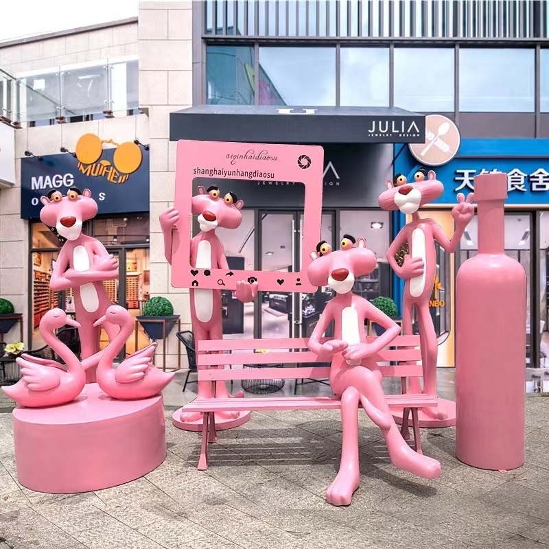 Make You Own Outdoor Decoration Life Size Custom Cartoon Figure Pink Panther Animal Garden Fiberglass Statue Sculpture