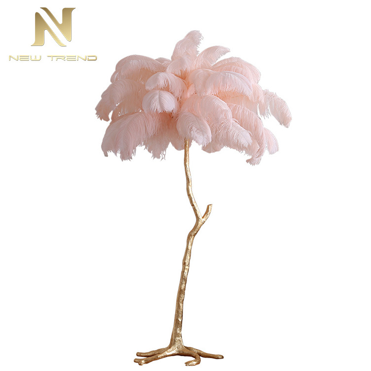 Modern design indoor decoration palm tree stand copper ostrich feather floor lamp