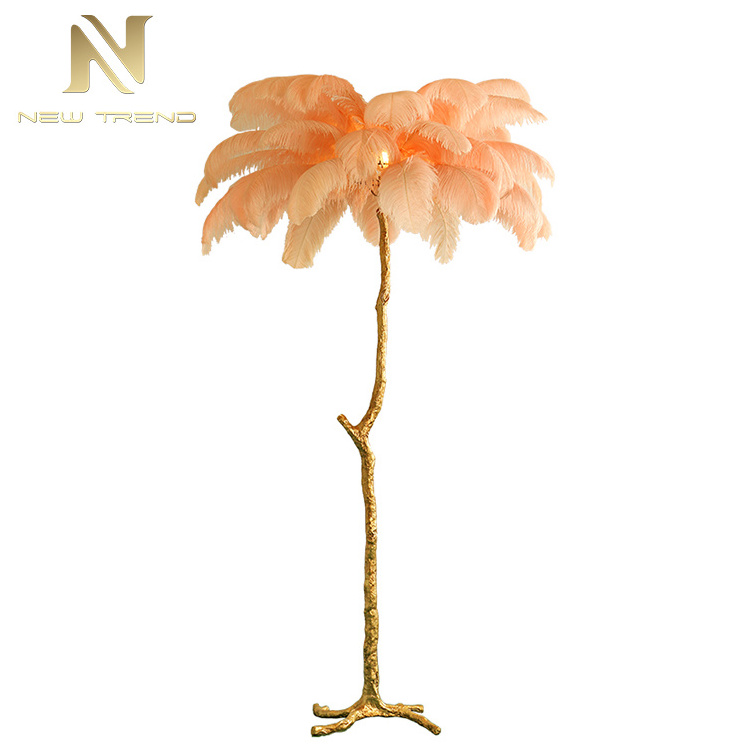 Modern design indoor decoration palm tree stand copper ostrich feather floor lamp