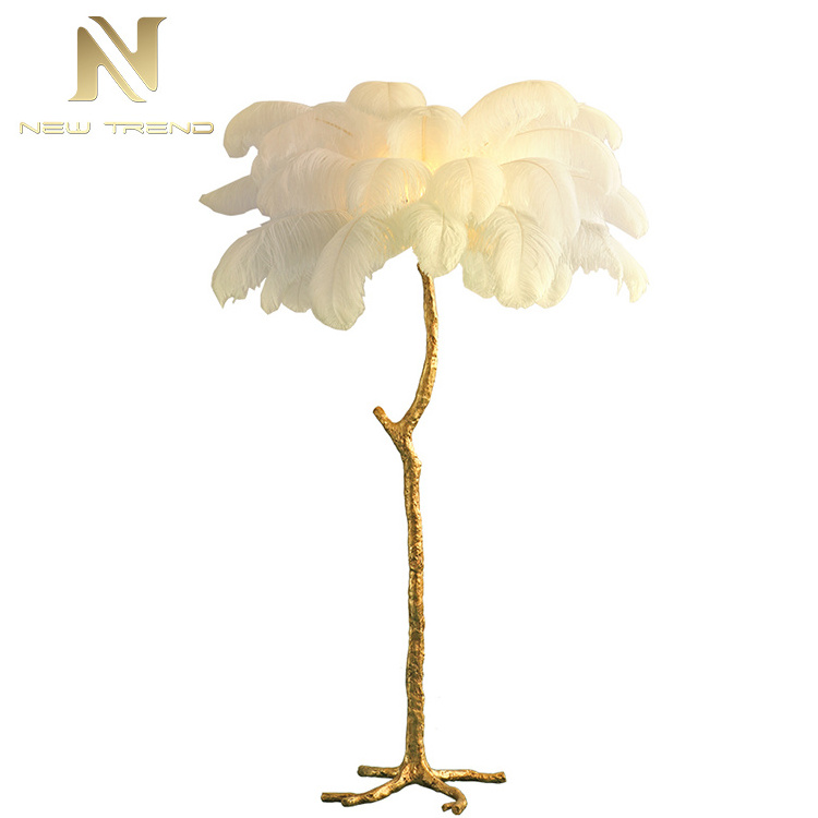 Modern design indoor decoration palm tree stand copper ostrich feather floor lamp