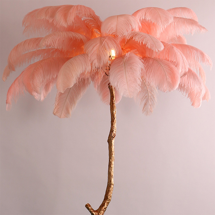 Modern design indoor decoration palm tree stand copper ostrich feather floor lamp