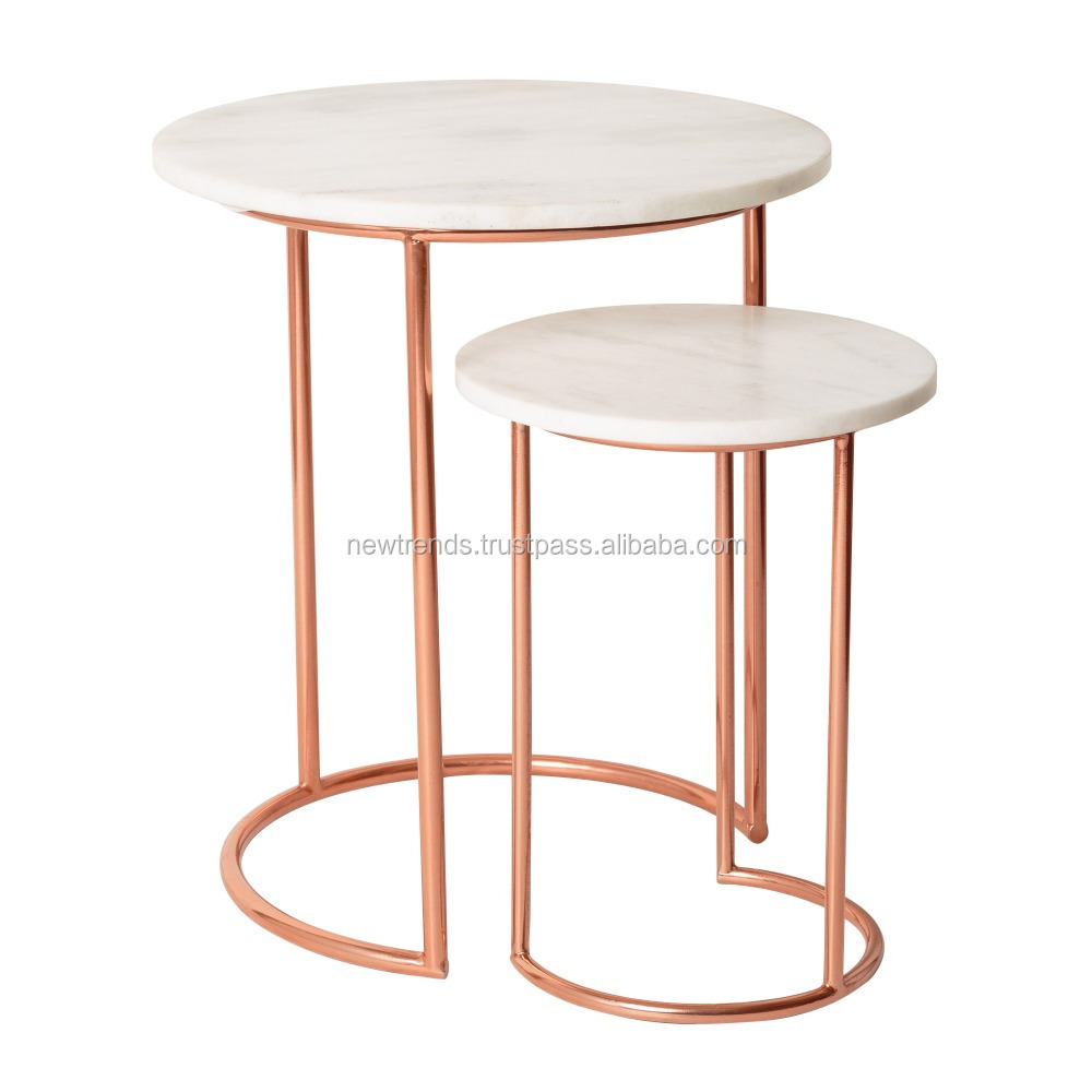 2 Piece Metal Nesting End Tables with Marble Top for Living Room Furniture