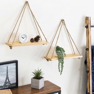 Floating Light Wood Wall Hanging Shelves With Triangle String Swing Rope Handicraft Wall Decor Shelves