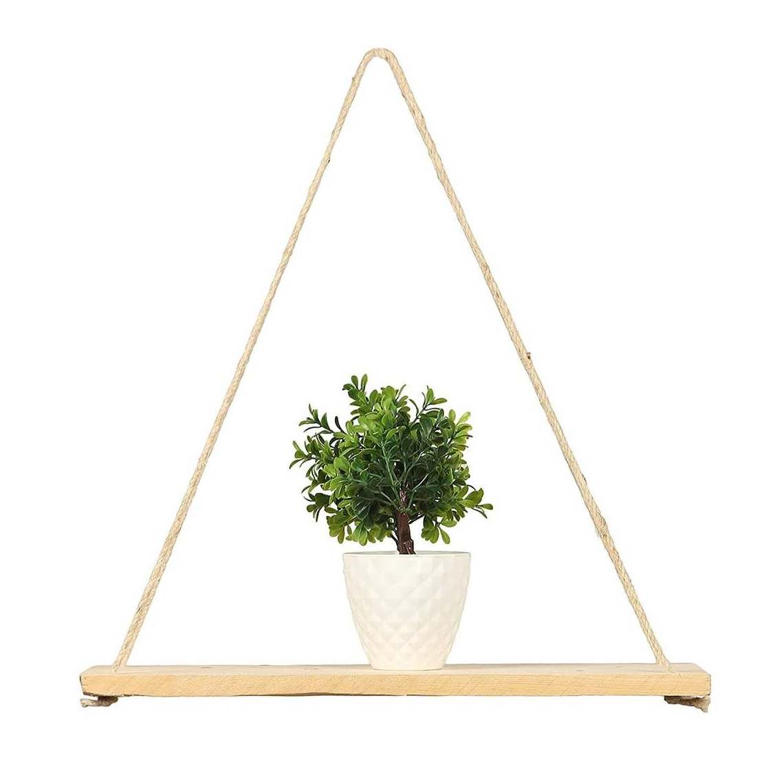 Floating Light Wood Wall Hanging Shelves With Triangle String Swing Rope Handicraft Wall Decor Shelves