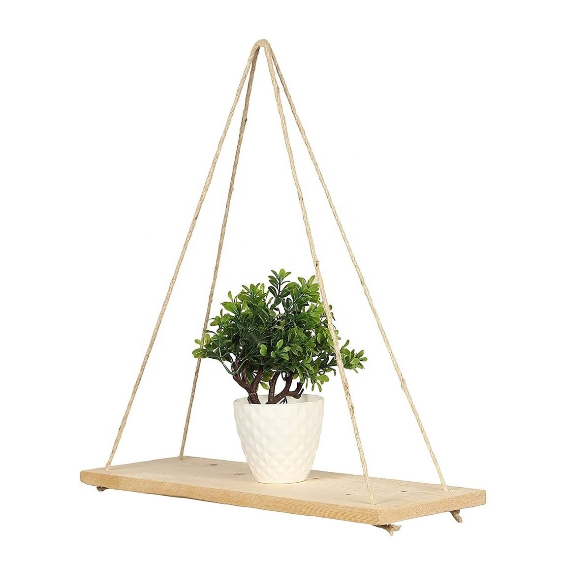 Floating Light Wood Wall Hanging Shelves With Triangle String Swing Rope Handicraft Wall Decor Shelves