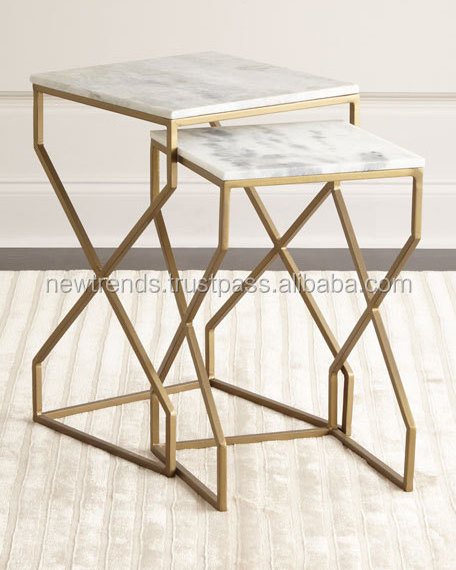 2 Piece Metal Nesting End Tables with Marble Top for Living Room Furniture