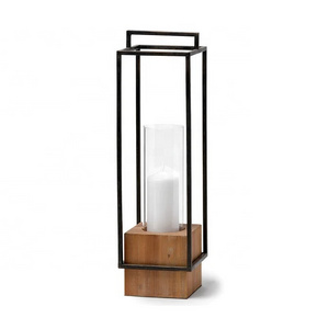 Wooden Base With Metallic Frame Black Color Modern Lantern Rectangular Long Pillar Lantern For Decoration