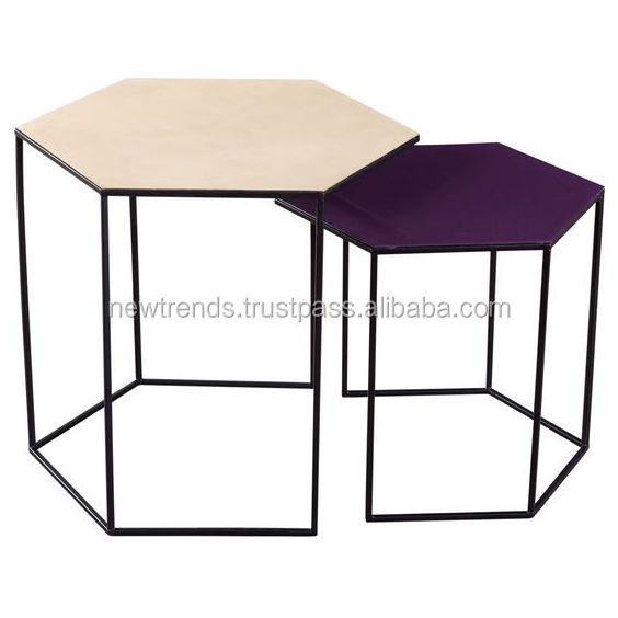 2 Piece Metal Nesting End Tables with Marble Top for Living Room Furniture